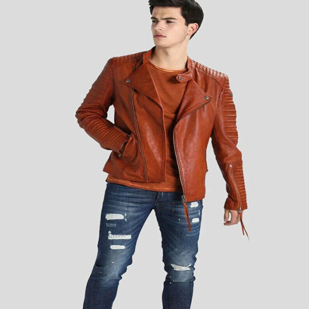 Men's Cognac Ribbed Original Leather Premium Asymmetric Biker Jacket