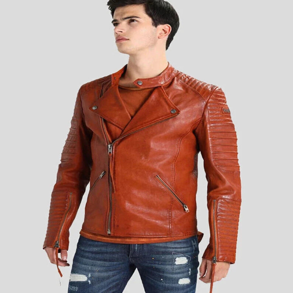 Men's Cognac Ribbed Original Leather Premium Asymmetric Biker Jacket