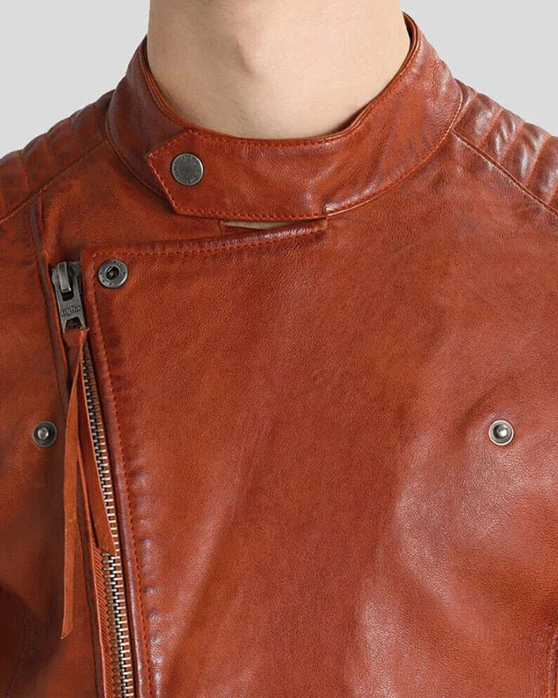 Men's Cognac Ribbed Original Leather Premium Asymmetric Biker Jacket