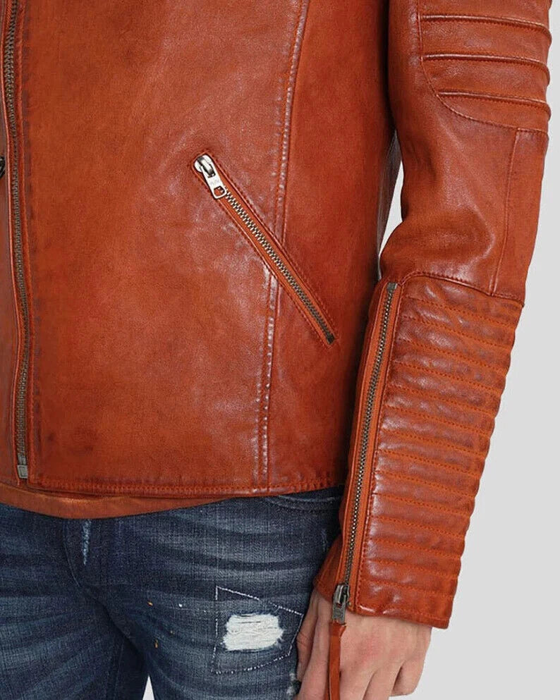 Men's Cognac Ribbed Original Leather Premium Asymmetric Biker Jacket