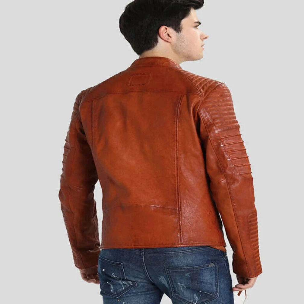 Men's Cognac Ribbed Original Leather Premium Asymmetric Biker Jacket
