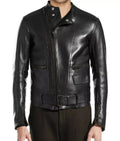 Men's Black Belted Original Leather Premium Biker Jacket with Gunmetal Hardware