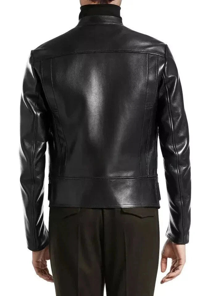 Men's Black Belted Original Leather Premium Biker Jacket with Gunmetal Hardware