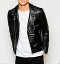Men's Black Classic Asymmetric Original Leather Premium Biker Jacket with Silver Hardware