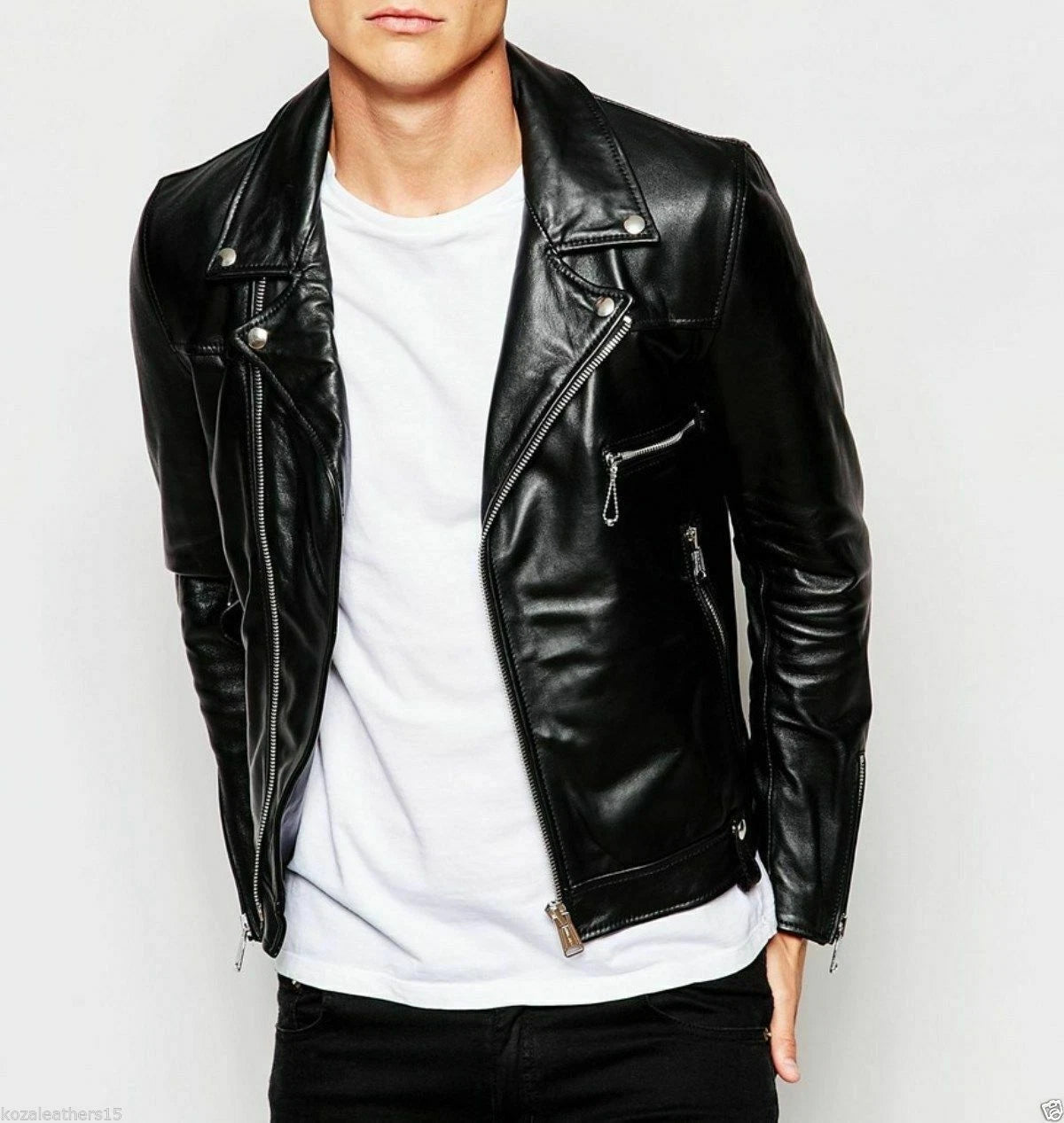 Men's Black Classic Asymmetric Original Leather Premium Biker Jacket with Silver Hardware