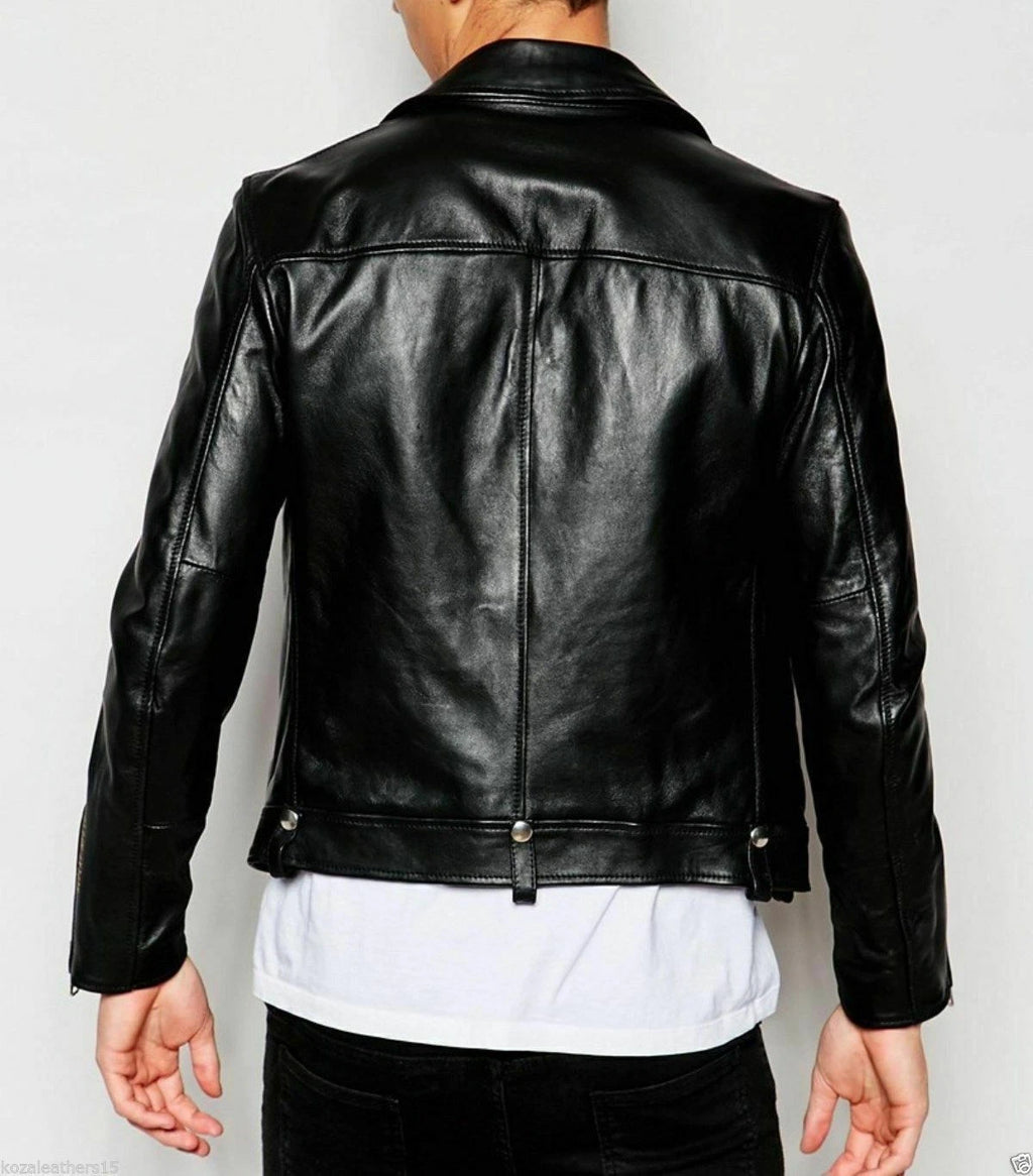 Men's Black Classic Asymmetric Original Leather Premium Biker Jacket with Silver Hardware