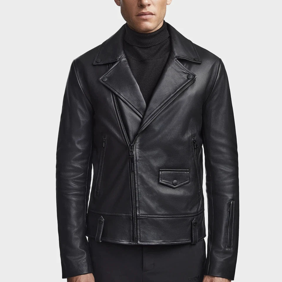 Men's Original Black Biker Leather Jacket – Full-Grain Asymmetric Zip Handcrafted