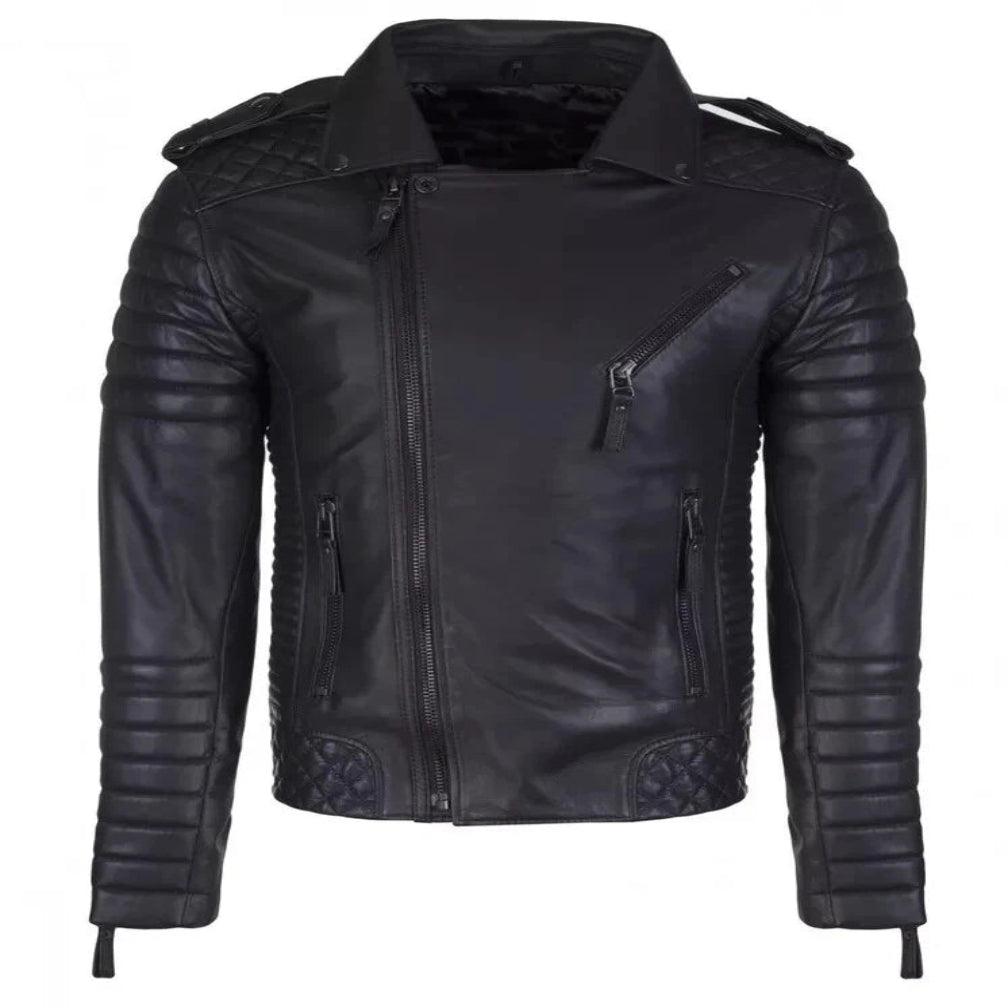 Men's Original Black Quilted Sleeve Premium Biker Leather Jacket – Full-Grain Handcrafted