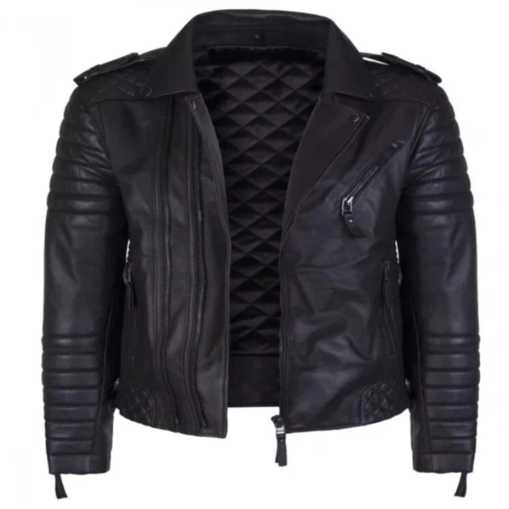 Men's Original Black Quilted Sleeve Premium Biker Leather Jacket – Full-Grain Handcrafted