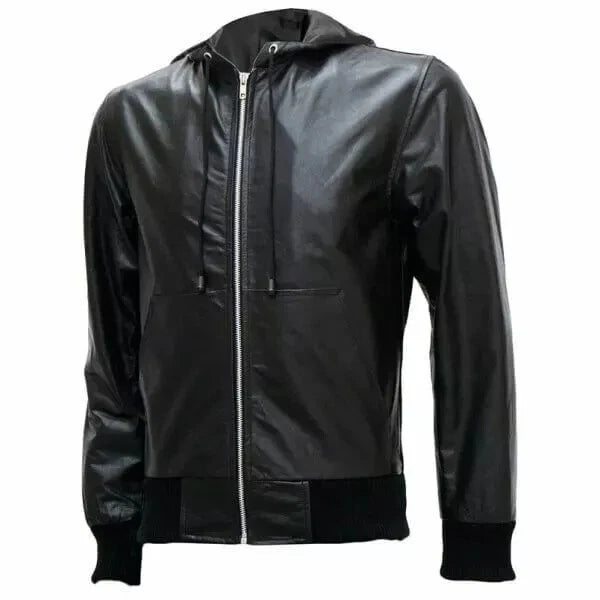 Men's Premium Black Hooded Original Leather Bomber Jacket – Full-Grain Handcrafted