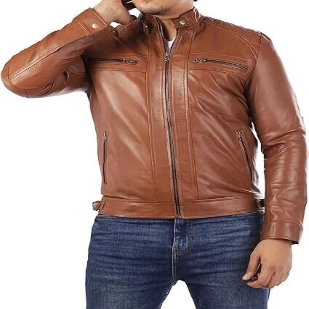 Men's Brown Quilted Shoulder Racer Original Leather Jacket – Full-Grain Handcrafted