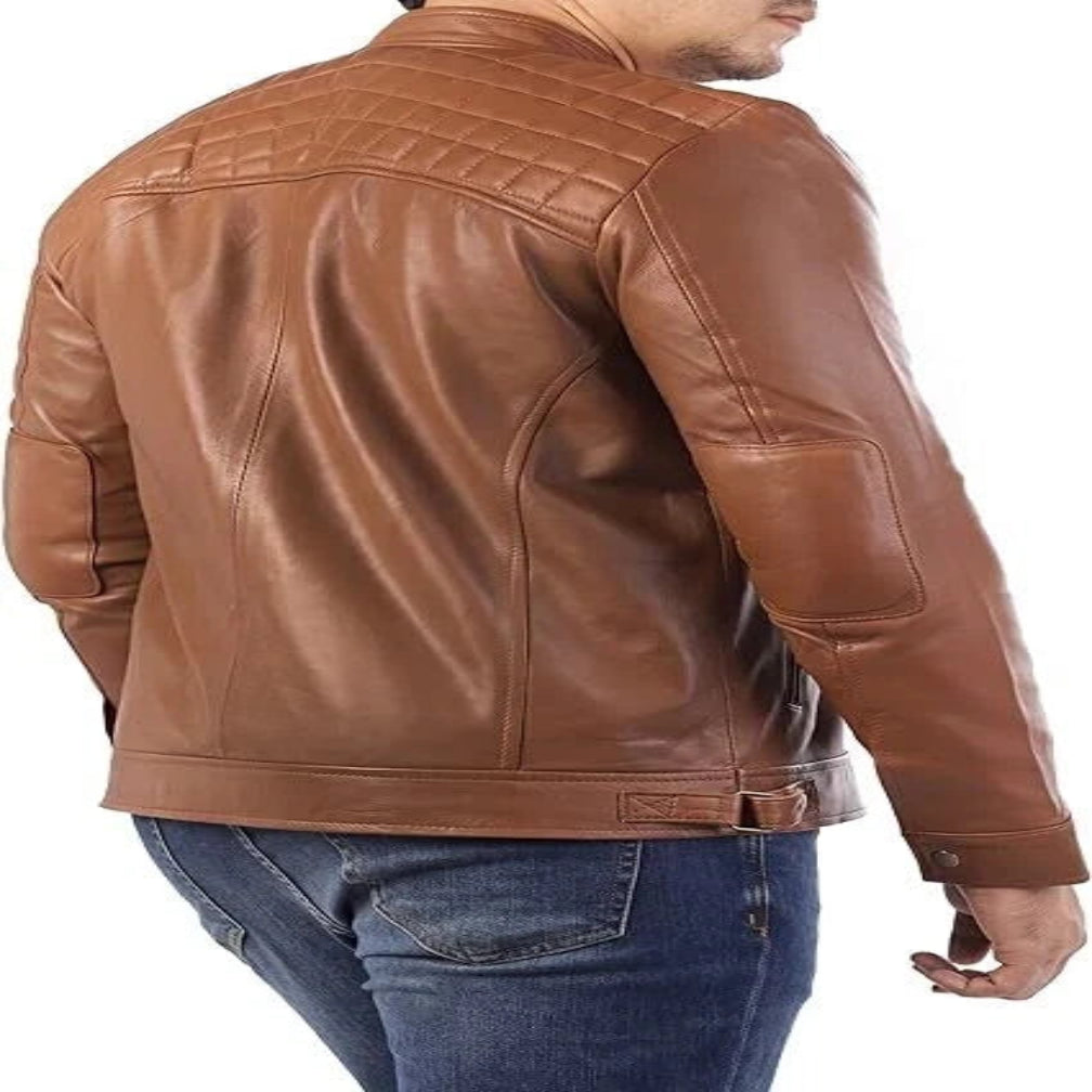 Men's Brown Quilted Shoulder Racer Original Leather Jacket – Full-Grain Handcrafted