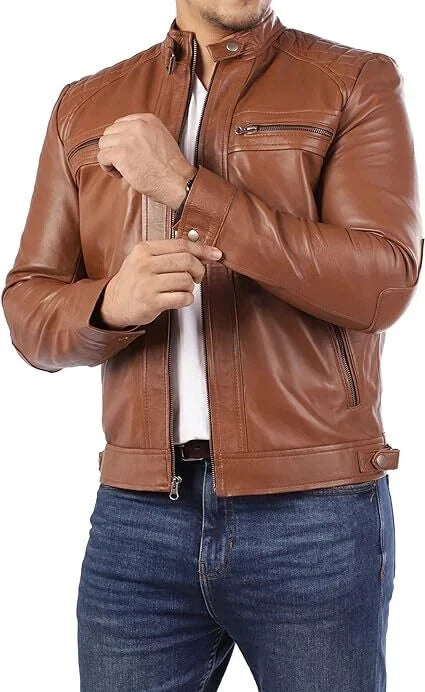 Men's Brown Quilted Shoulder Racer Original Leather Jacket – Full-Grain Handcrafted