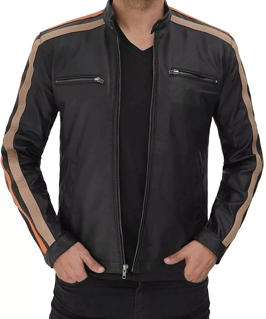 Men's Black Racing Stripe Racer Leather Jacket – Tan & Orange Full-Grain Handcrafted