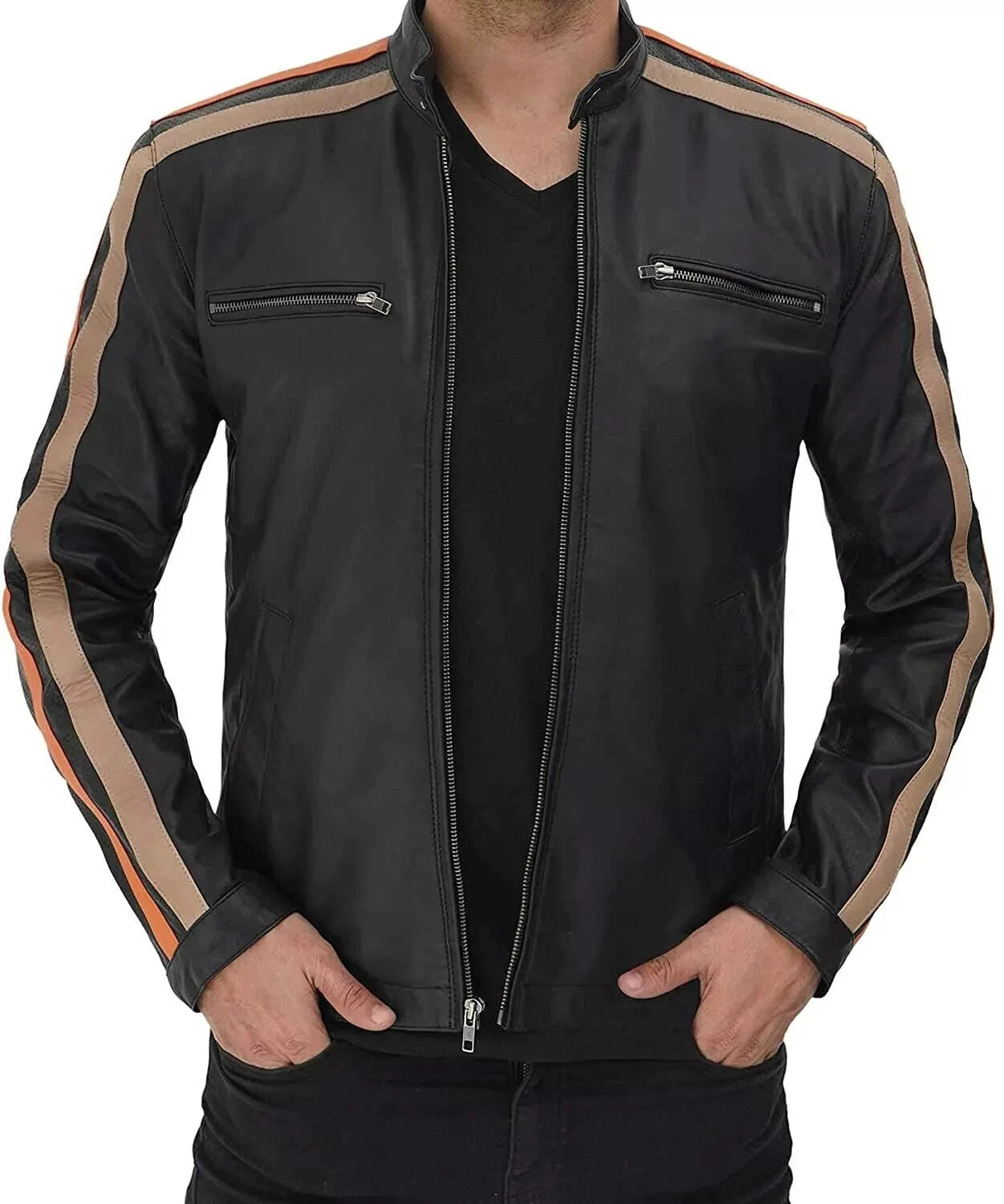 Men's Black Racing Stripe Racer Leather Jacket – Tan & Orange Full-Grain Handcrafted