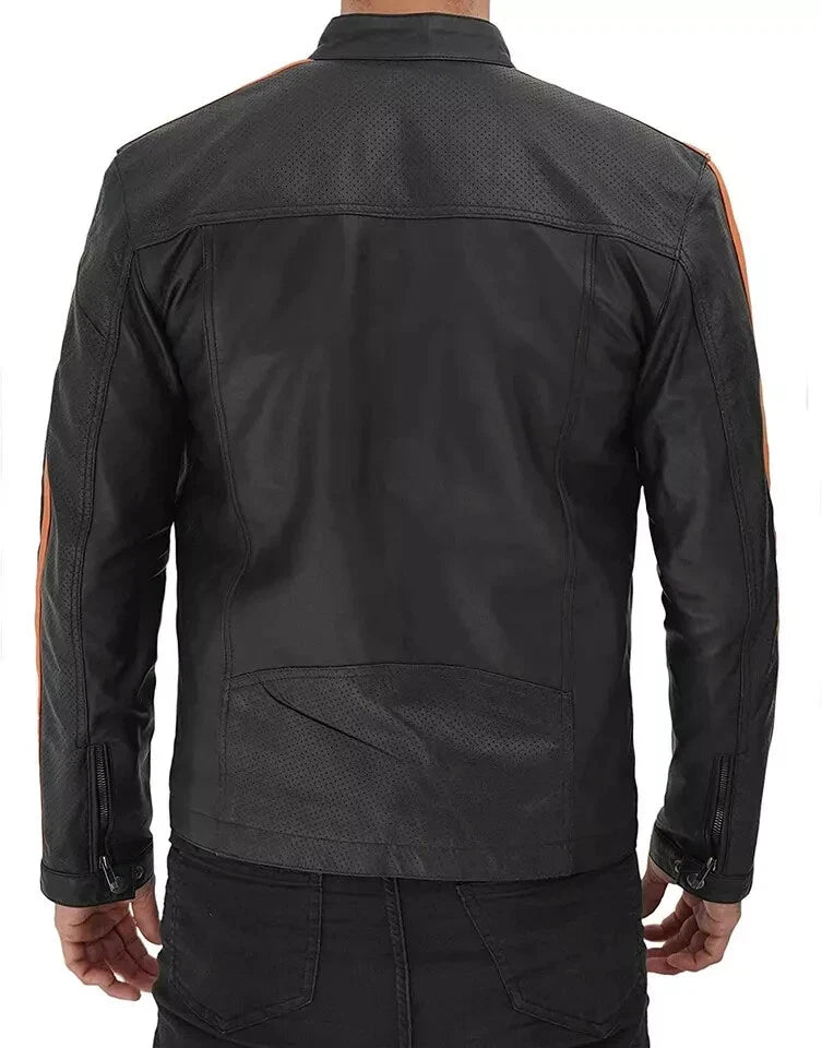 Men's Black Racing Stripe Racer Leather Jacket – Tan & Orange Full-Grain Handcrafted