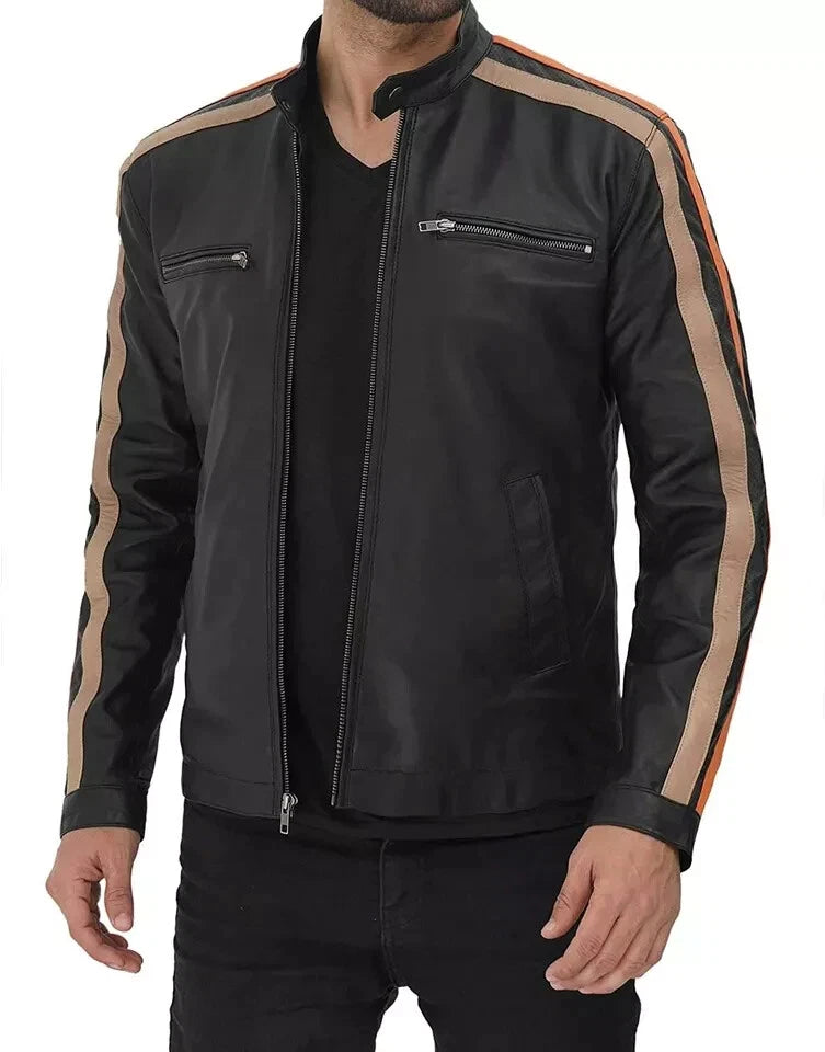 Men's Black Racing Stripe Racer Leather Jacket – Tan & Orange Full-Grain Handcrafted