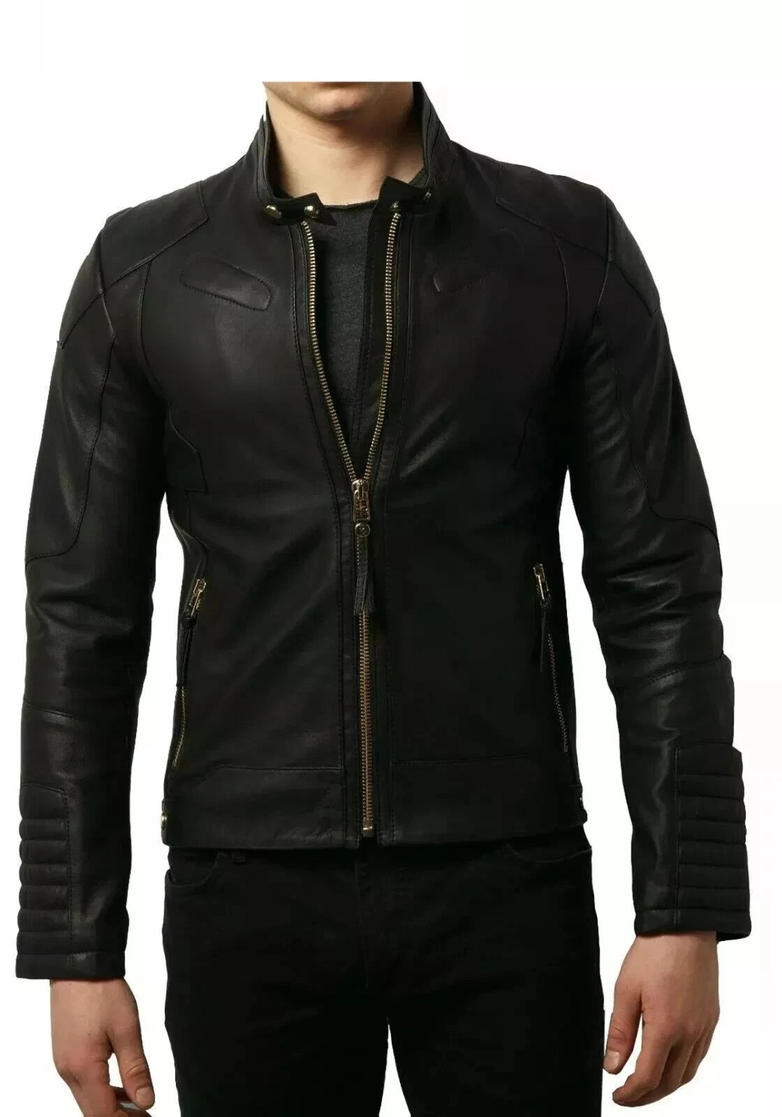 Men's Black Quilted Elbow Patch Biker Original Leather Jacket – Full-Grain Handcrafted