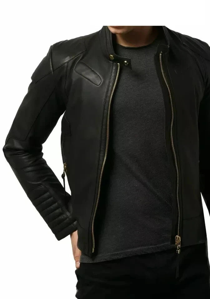 Men's Black Quilted Elbow Patch Biker Original Leather Jacket – Full-Grain Handcrafted