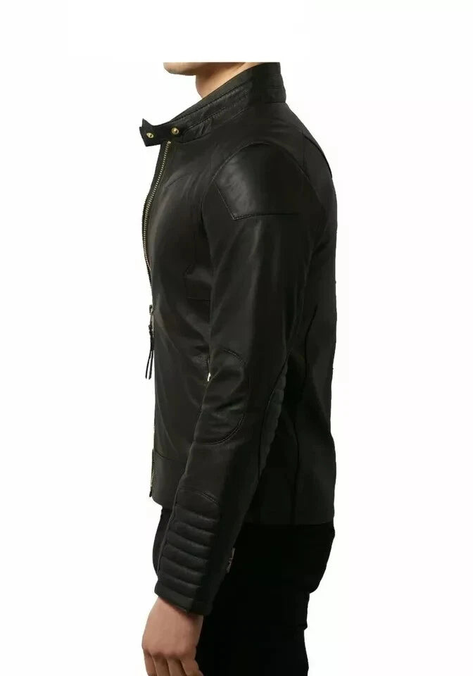 Men's Black Quilted Elbow Patch Biker Original Leather Jacket – Full-Grain Handcrafted