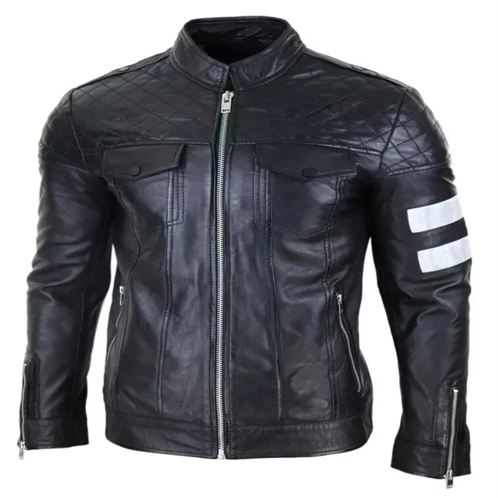 Men's Black Original Leather Premium Biker Jacket with White Stripe