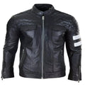Men's Black Original Leather Premium Biker Jacket with White Stripe