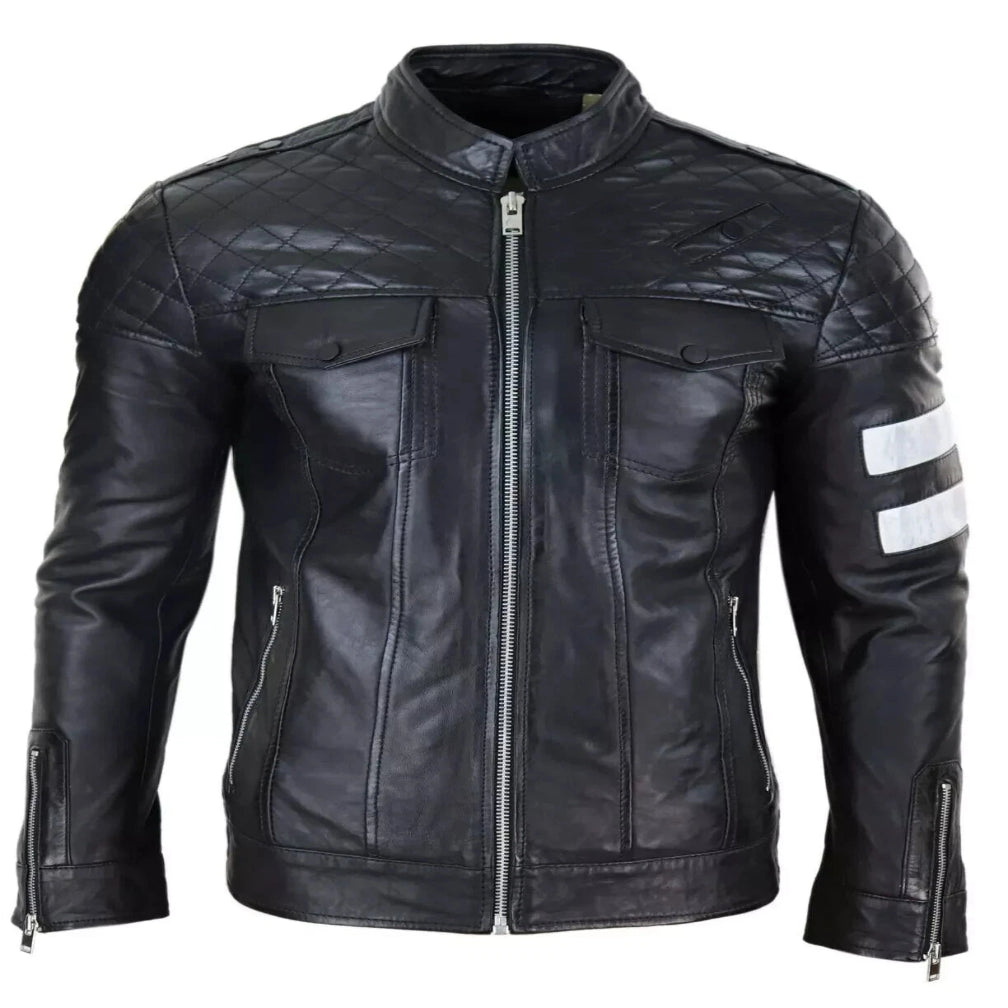Men's Black Original Leather Premium Biker Jacket with White Stripe