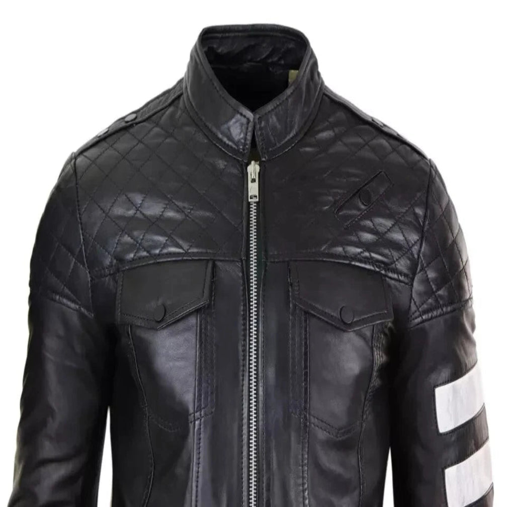 Men's Black Original Leather Premium Biker Jacket with White Stripe