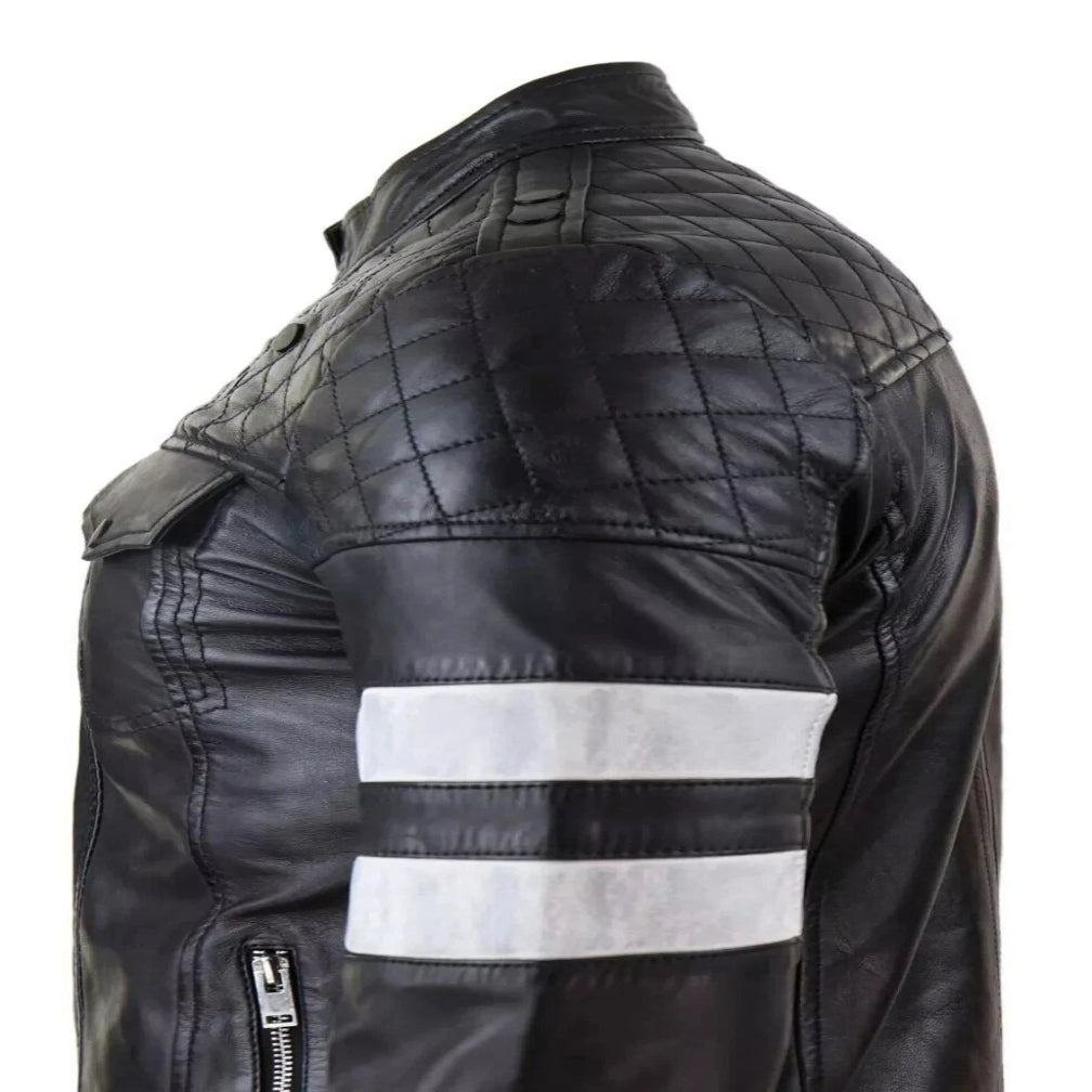 Men's Black Original Leather Premium Biker Jacket with White Stripe