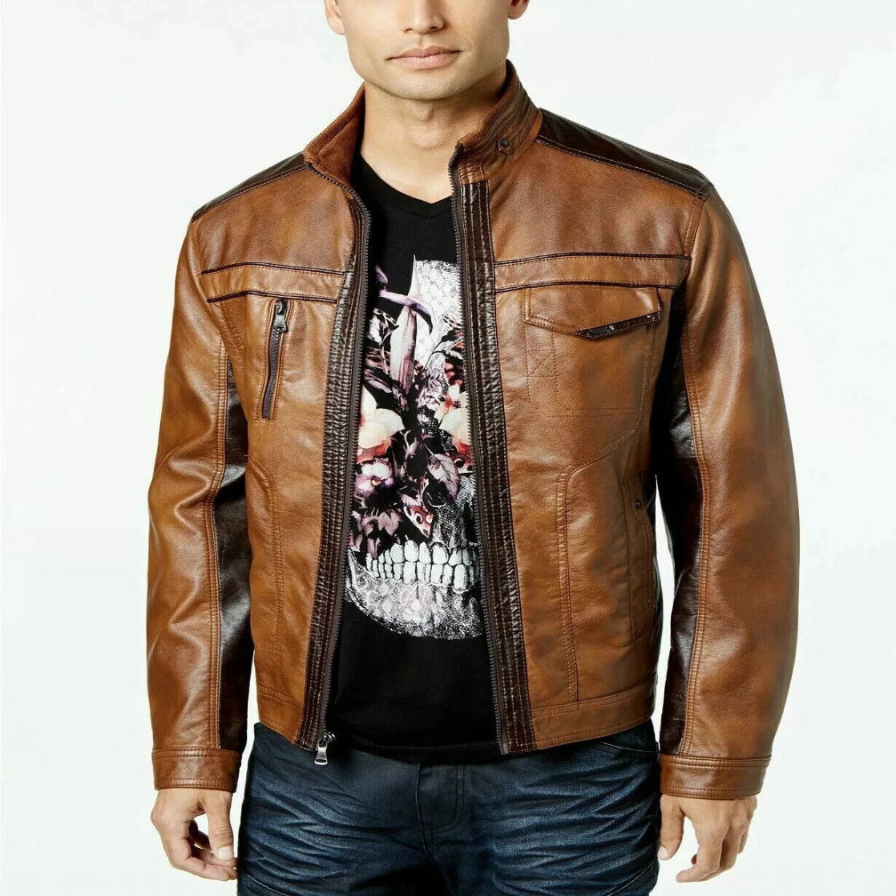 Men's Tan & Dark Brown Two-Tone Original Leather Premium Biker Jacket