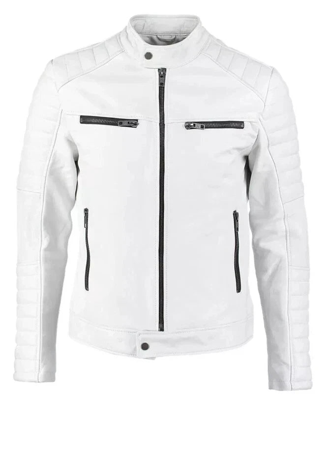 Men's White Premium Original Leather Biker Jacket with Black Zips