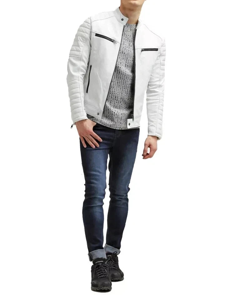 Men's White Premium Original Leather Biker Jacket with Black Zips