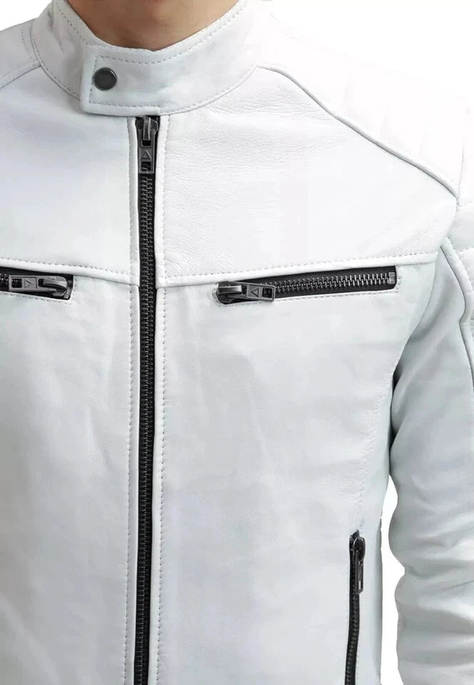 Men's White Premium Original Leather Biker Jacket with Black Zips
