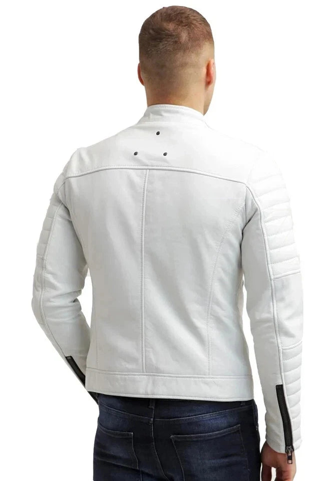 Men's White Premium Original Leather Biker Jacket with Black Zips