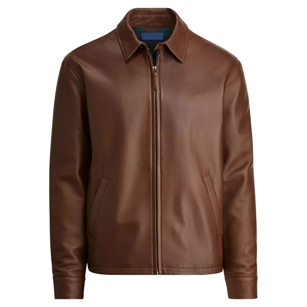 Men's Premium Brown Original Leather Harrington Jacket with Spread Collar