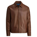 Men's Premium Brown Original Leather Harrington Jacket with Spread Collar