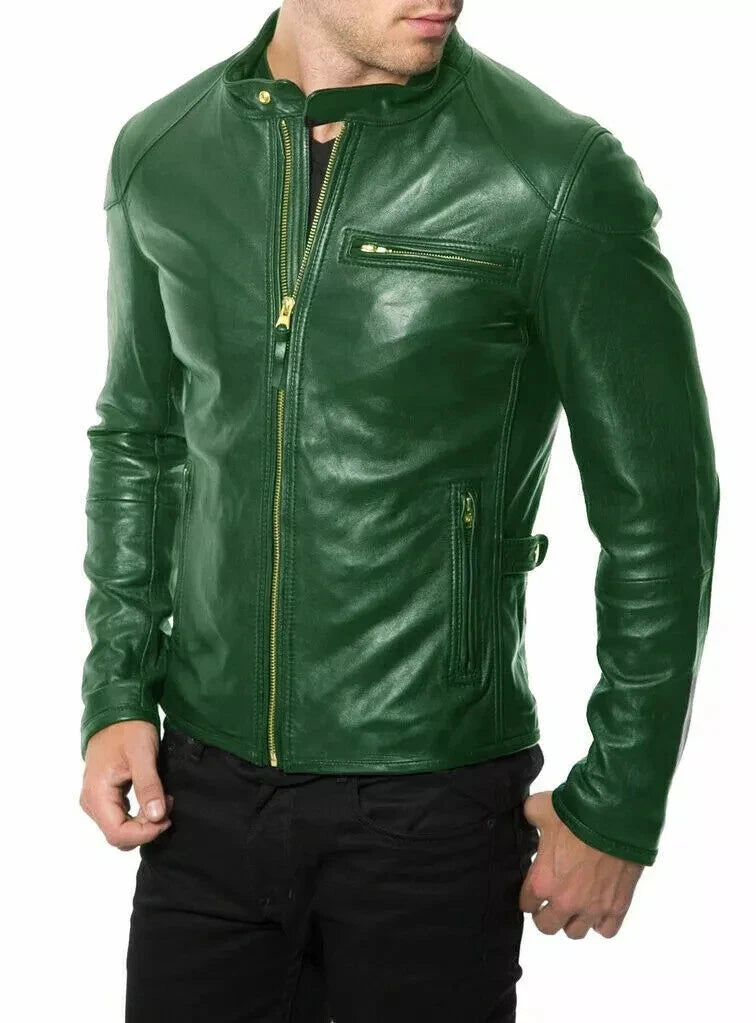 Men's Green Original Leather Biker Premium Jacket with Gold Zips