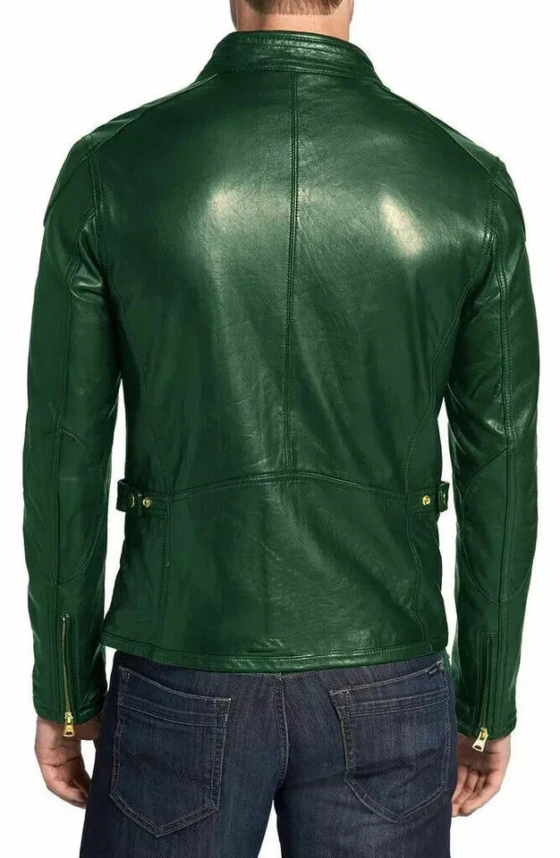 Men's Green Original Leather Biker Premium Jacket with Gold Zips