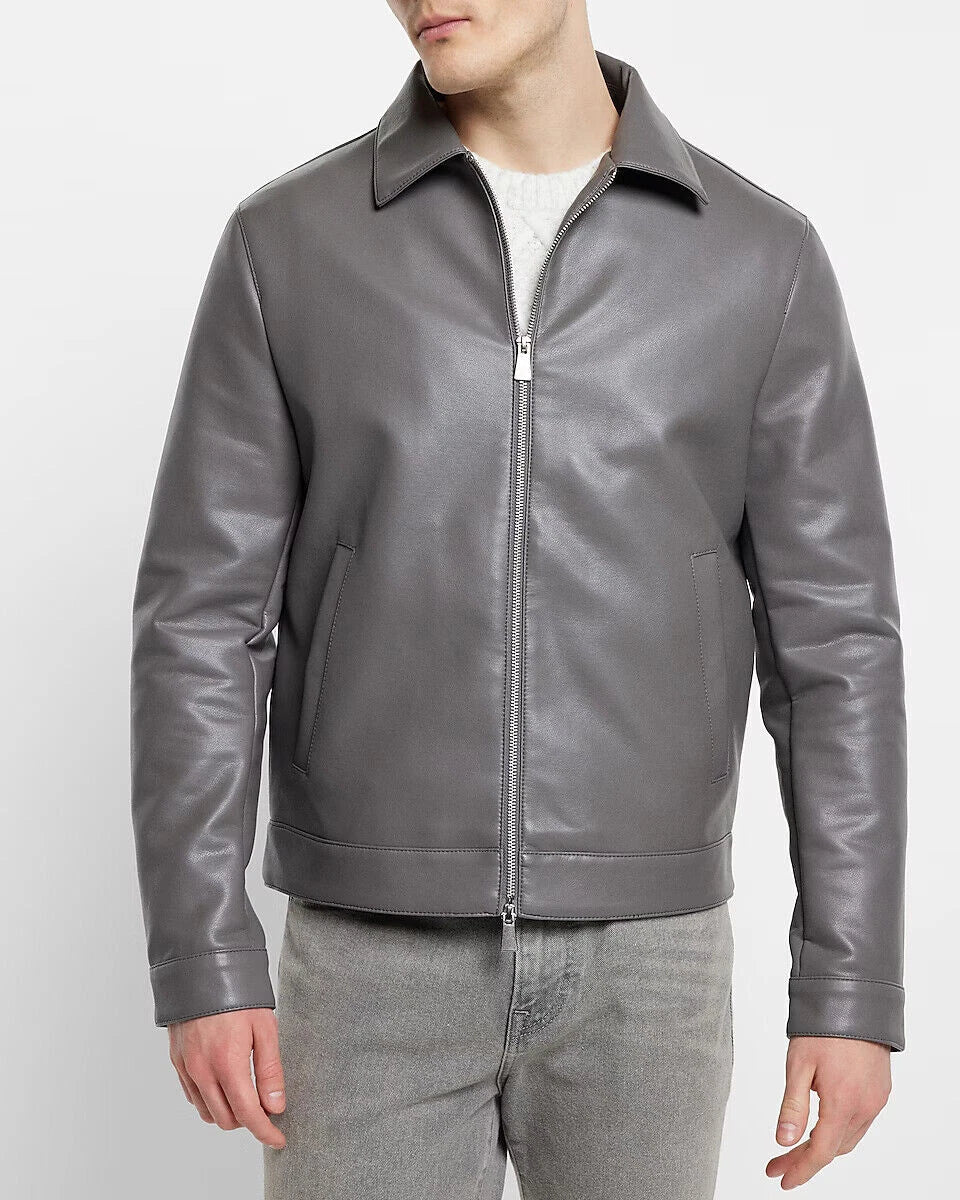 Men's Grey Original Leather Harrington Jacket with Spread Collar