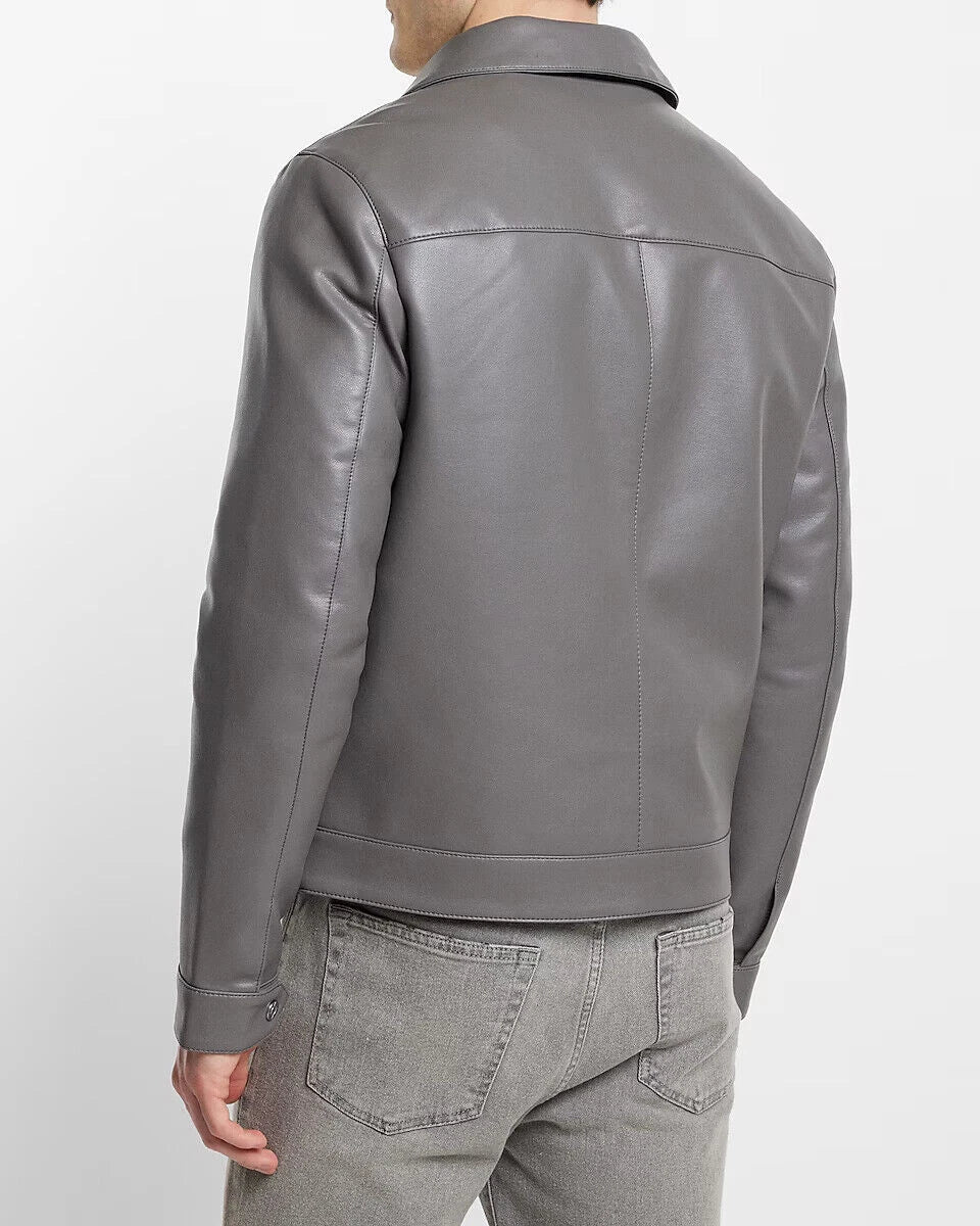 Men's Grey Original Leather Harrington Jacket with Spread Collar