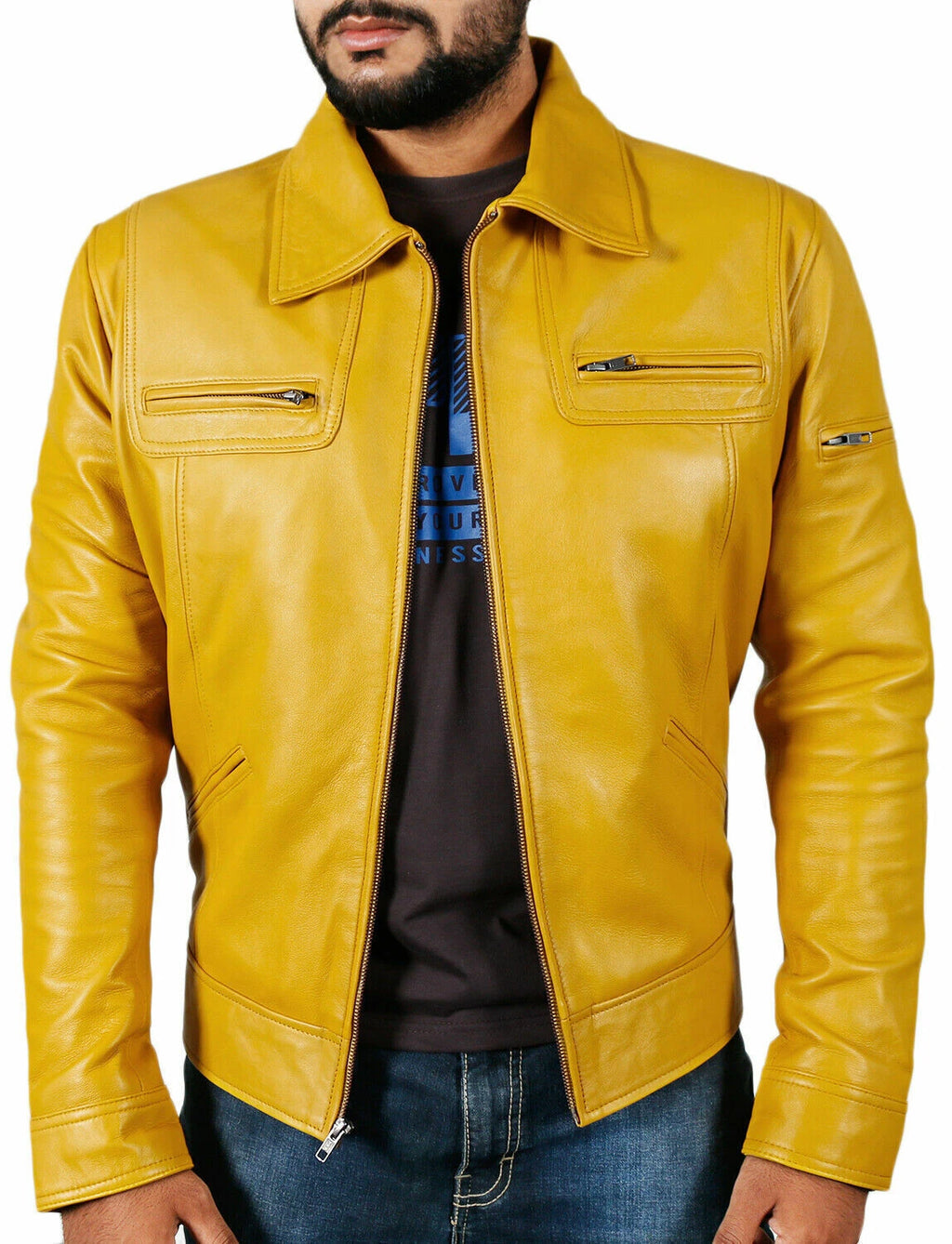 Men's Yellow Original Leather Jacket with Spread Collar