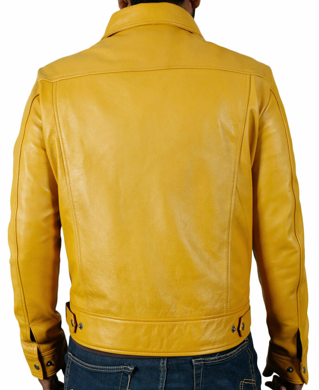 Men's Yellow Original Leather Jacket with Spread Collar