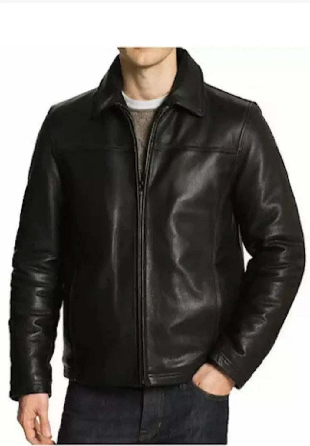 Men's Black Original Leather Harrington Jacket with Spread Collar