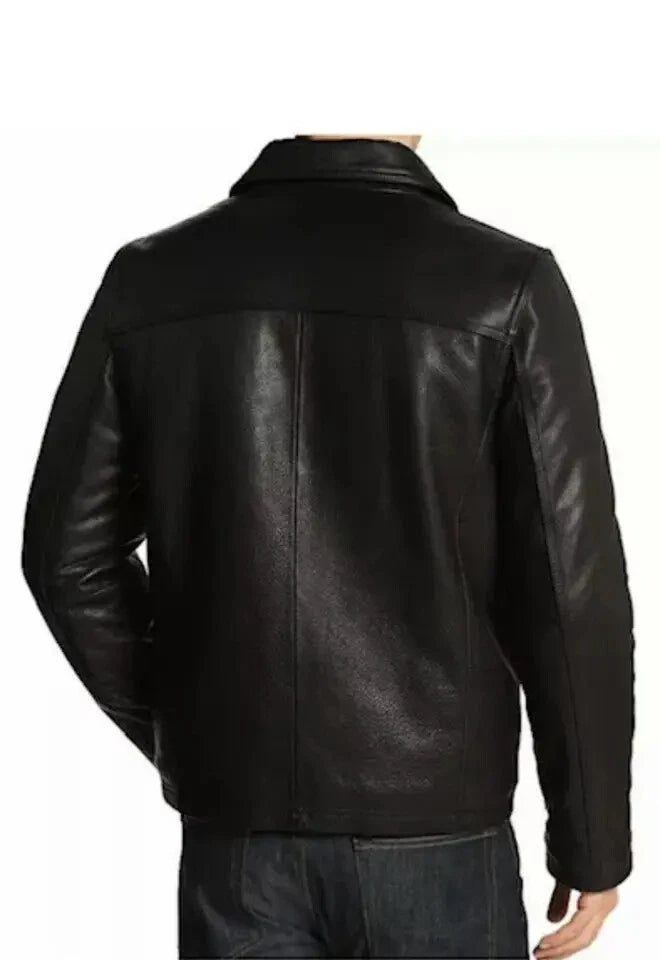 Men's Black Original Leather Harrington Jacket with Spread Collar