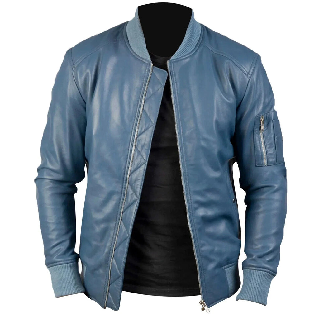 Men's Premium Blue Original Leather Bomber Jacket with Ribbed Collar