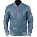 Men's Premium Blue Original Leather Bomber Jacket with Ribbed Collar