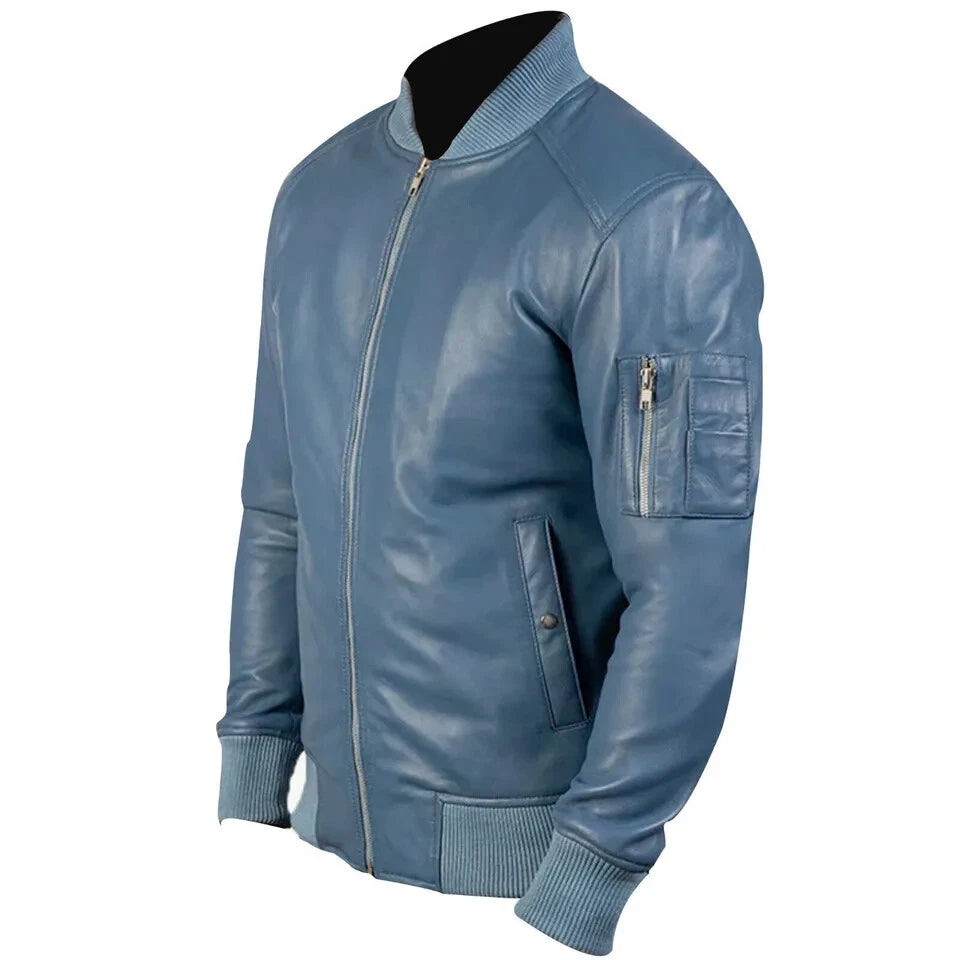 Men's Premium Blue Original Leather Bomber Jacket with Ribbed Collar