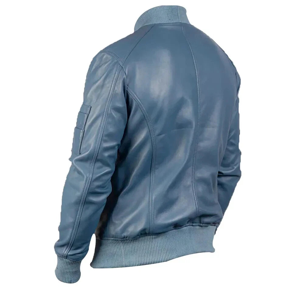 Men's Premium Blue Original Leather Bomber Jacket with Ribbed Collar
