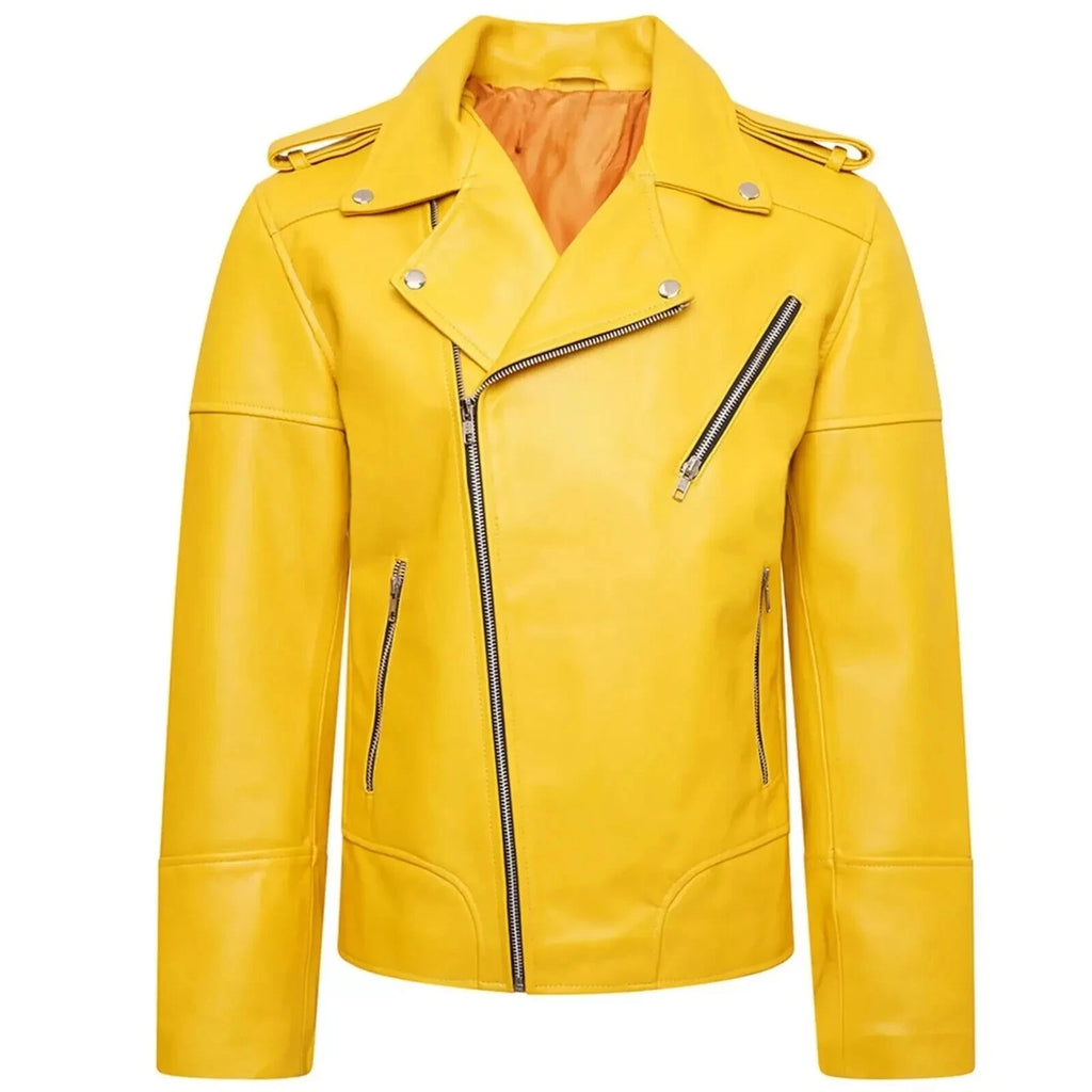 Men's Yellow Original Leather Asymmetric Biker Jacket with Gold Zips