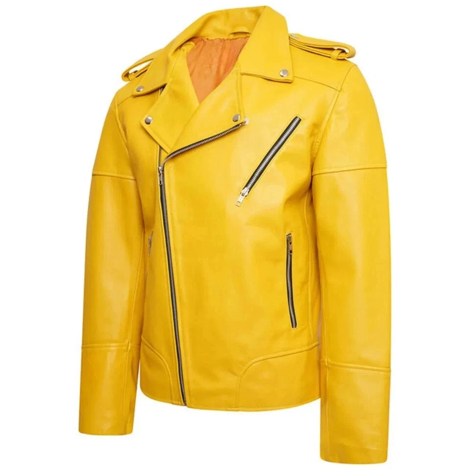 Men's Yellow Original Leather Asymmetric Biker Jacket with Gold Zips